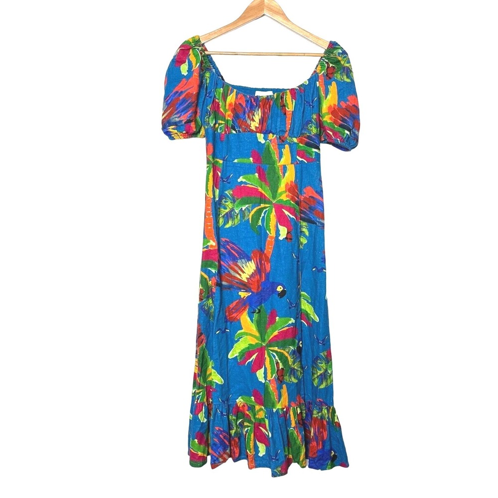 House of Harlow Midi Dress Small Tropical Resortwear Parrot Puff Sleeve Blue
